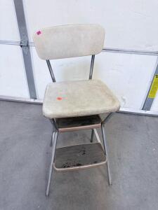 Vintage Metal Kitchen Step Stool Chair With Padded Seat And Two Steps
