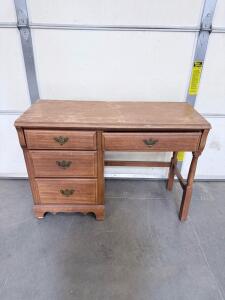 Vintage Wooden Writing Desk, 4 Drawers, Distressed Brown Finish, Scalloped Base, 42" Wide