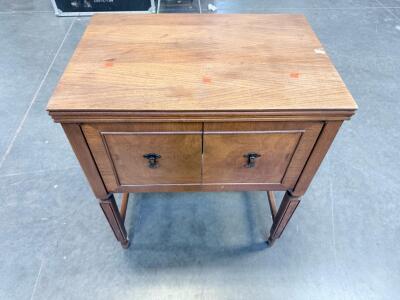 Vintage Wooden Sewing Table With Two Doors And Decorative Metal Pulls