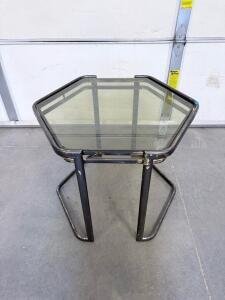 Hexagonal Glass-Top Metal Frame Side Table, Black, 22"x22"x20", Industrial Vintage Style