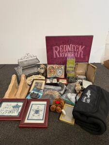 Large Mixed Americana Decor Lot with Redneck Riviera Sign, Wooh Blanket, Frames, Collectibles