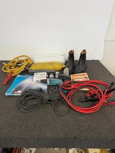 Jumper cables, show and tell picturesound, hitches, saw blade, boots and boat floats
