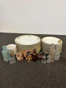 Vintage Dinnerware Set with Floral Gold Trim, Glass Bottles, Figurines, and Disney Mug