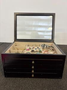 Large Vintage/Modern Assorted Jewelry Collection in Multi-Drawer Glass Top Wooden Box, ~40 Pieces