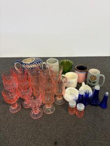 Vintage Pink & Blue Depression Glass, Polish Teapot, Mugs, Goblets, Shakers, 31 Pieces