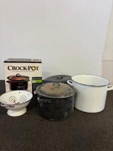 Lot of Vintage and Modern Kitchen Cookware - Crock-Pot Slow Cooker, Enamel Stock Pots, Colander