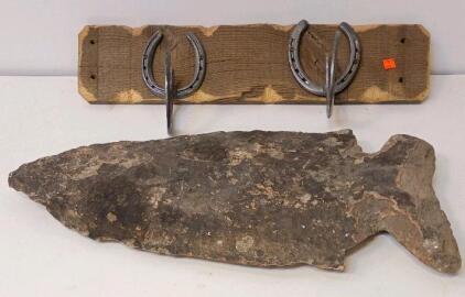 Large Morrow Mountain Spearhead Rock, Circa Southeastern US, Horseshoe Wall Mounted Hooks 27"x13"