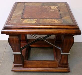 Square End Table with Wood and Slate Inlay, Metal Cross Braces, 24" x 24" x 24"