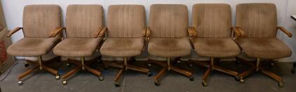 Set of 6 Vintage Mid-Century Rolling Office Armchairs with Wood Accents and Fabric Upholstery & Ergonomic Tall Back Office Chair