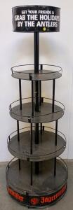 J&auml;germeister 4-Tier Metal Retail Display Rack, Black, 60" Tall, Round Shelves, Branded Graphics