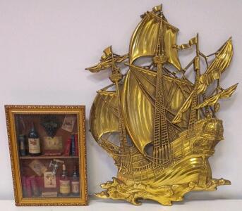 Large Gold Homco Galleon Wall Plaque & Amia Wine Shadow Box Art, 32" Ship, 16" Framed Display