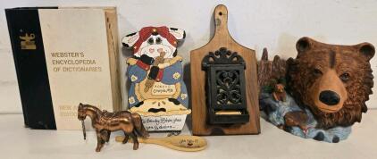 Vintage Home D&eacute;cor Lot &ndash; Webster&rsquo;s Encyclopedia, Bear Wall Plaque, Cast Iron Match Holder, Copper Horse & Country Kitchen Art