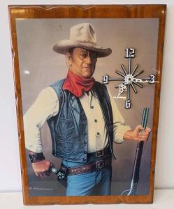 Cowboy Wall Clock by Small Time Enterprises, Quartz, John Wayne Artwork, Wood Frame, USA,
