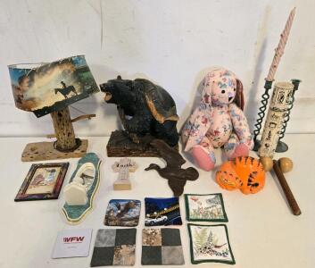 Eclectic Decor Lot: Rustic Lamp, Bear Statue, Floral Bunny, Candles, Coasters, Ceramic Cat & More