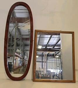 Framed Wall Mirrors: Oval 16"x42" Reddish Wood & Rectangular 24"x30" Light Oak