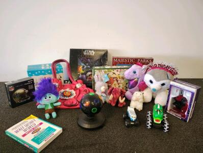 Betsey Johnson Purse, Cobble Hill & Star Wars Puzzles, Edu-Science Microscope, Plush Toys, Book Lot