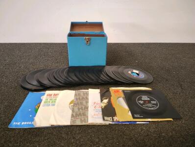 Vintage 7-Inch 45 RPM Vinyl Record Collection with Blue Carrying Case &ndash; Approx. 40 Records