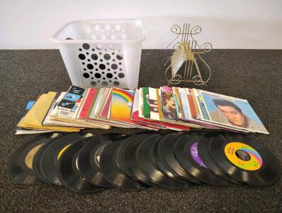 Vintage 45 RPM Vinyl Record Collection, 40&ndash;60 Records, Elvis Presley, Metal Rack & Sleeves And Plastic Tote