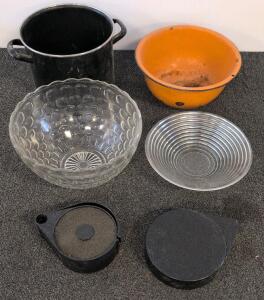 Vintage Glass Bowls, Enamel Mixing Bowl, Metal Pot, and Juice Can Scoops &ndash; 6 Piece Lot