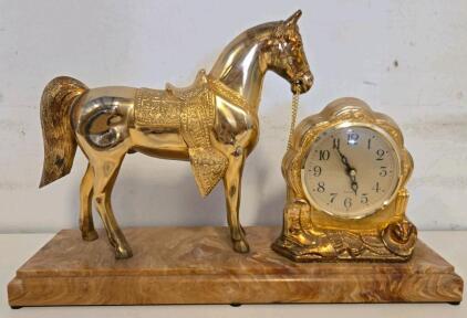 Gold-Tone Horse Figurine Mantel Clock With Faux Marble Base, Battery Operated