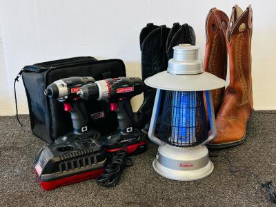 Olathe Boot Co Men&rsquo;s 9&frac12; D Brown Western Cowboy Boots, Made in USA, Model 17211, Sunbeam Mosquito Bug Light, and Craftsman Drill Set. All Electronics Teated and work