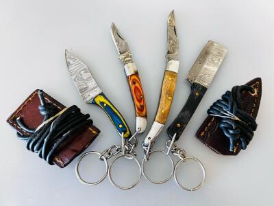 Hand-Forged Damascus Steel Mini Knife Keychains &ndash; Set Of 4 Mixed Styles With Leather Sheaths