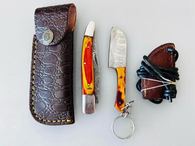 Damascus Steel Folding Pocket Knife & Mini Keychain Cleaver Set, Wood Handle, Leather Sheaths