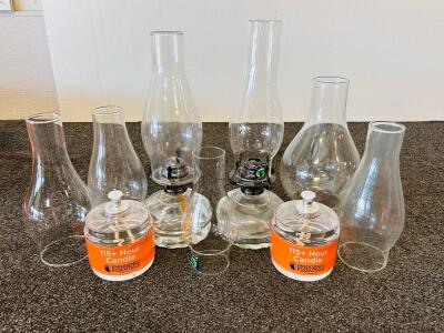Royal Craft Glass Oil Lamps with Handles & 5 Chimneys + Emergency Essentials 115+ Hour Candles