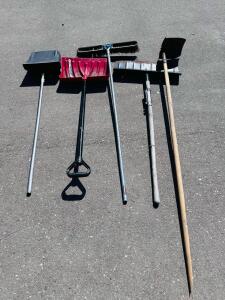 5 Outdoor Tools: Snow Shovels, Scoop, Push Broom, And Square-Point Shovel, Mixed Materials