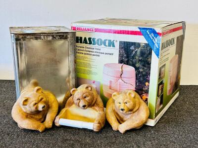 Reliance Hassock Portable Toilet, 1962 Civil Defense Survival Cracker Tin, & Bear Bath Set
