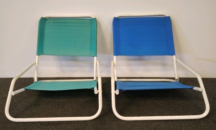 Set Of 2 Low Folding Beach Chairs (Blue & Teal) &ndash; Metal Frame, Fabric Seat