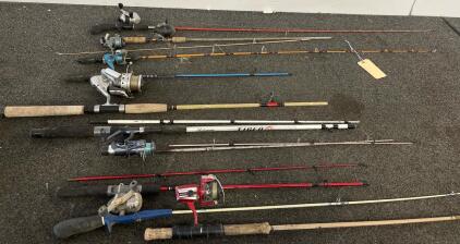 12 Fishing Rod And Reel Combos &mdash; Shakespeare Tiger 7' Spinning, Spincast, Vintage Models