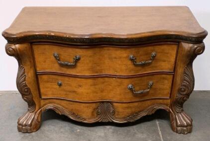AICO Bombe Chest 2-Drawer Dresser Ornate Carved Claw Feet Wood, Brass Hardware