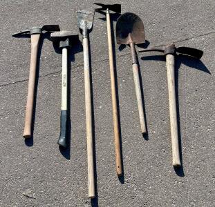 Set of 6 Assorted Heavy-Duty Hand Tools: Pickaxes, Sledge Hammer, Mattock, Square & Round Shovels