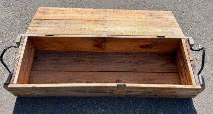 Military Wooden Ammunition Crate for 105mm Howitzer Rounds, Solid Hardwood, Dual Rope Handles (43.5"x 14.5"x 8")