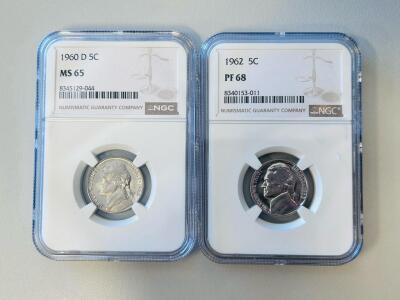 1960-D MS65 & 1962 PF68 Jefferson Nickels NGC Certified, Serial Numbers Included