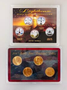 2014 US Presidential Dollar Set & Lighthouse State Quarters, COA, Display Cases, 5-Coin Selection