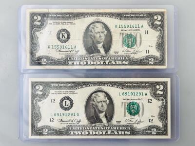 1976 $2 Federal Reserve Notes, Dallas K15591611A & San Francisco L69191291A, Jefferson, Declaration Reverse