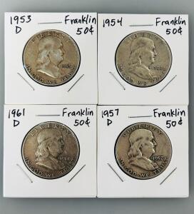 1953, 1954, 1957-D, 1961-D Franklin Half Dollar Coins 90% Silver 12.5g 30.6mm