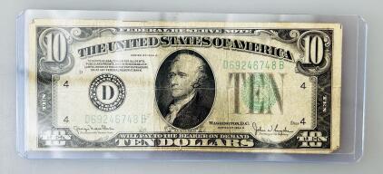 1934 D $10 Federal Reserve Note Cleveland D69246748B, Hamilton Portrait, Circulated