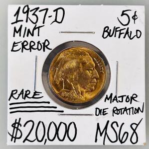 1937-D Buffalo Nickel 5&cent; Major Die Rotation Error, MS68, Rare Denver Mint, Indian Head Coin