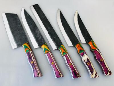 Custom 5-Piece Kitchen Knife Set, Forged Carbon Steel, Multi-Color Laminated Wood Handles