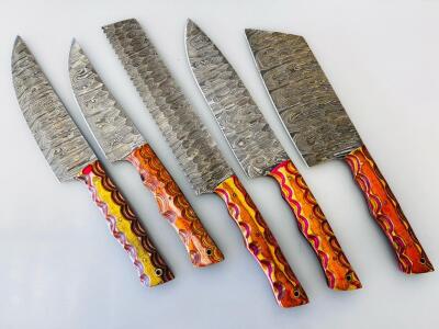 Custom 5-Piece Damascus Steel Kitchen Knife Set With Vibrant Ergonomic Handles