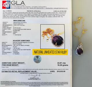 Natural Unheated Star Ruby Pendant, 42.55ct, 16.2g, 18" Gold-Plated Silver Chain, Orianne Design
