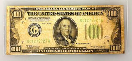 1934 $100 Federal Reserve Note, Chicago, Fr. 2152-G, Serial G01279727A (Unable To Authenticate Please Inspect)