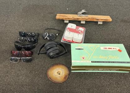Vintage Yuechung Box, 5 Sunglasses, Wireless & Wired Headphones, Coat Rack, Adapters & More