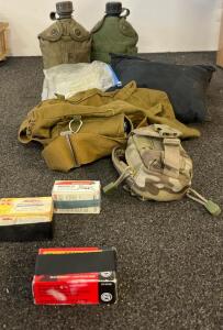 Military Surplus Lot: Canteens, Coghlan's Stove, Fujifilm Camera, Bags, Jeep Toy, Gas Mask Parts