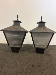 Pair Of Black Traditional Outdoor Post Lantern Lights, Aluminum Frame, 24" Tall, Post Mount