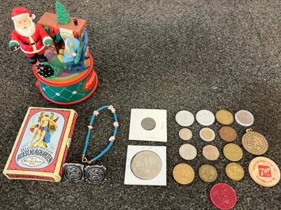 Vintage Coin & Token Lot, Coca-Cola Santa Music Box, Biedermeier Cards, 7UP Token