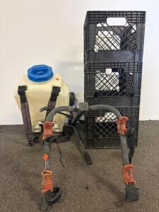 Harvest King 4-Gallon Backpack Sprayer, Dean Foods Milk Crates (3), Hitch-Mount Bike Rack